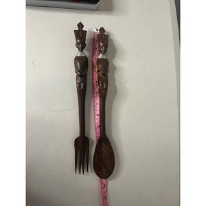 VINTAGE African Folk Art Fork and Spoon Hand Carved Wood Salad Set